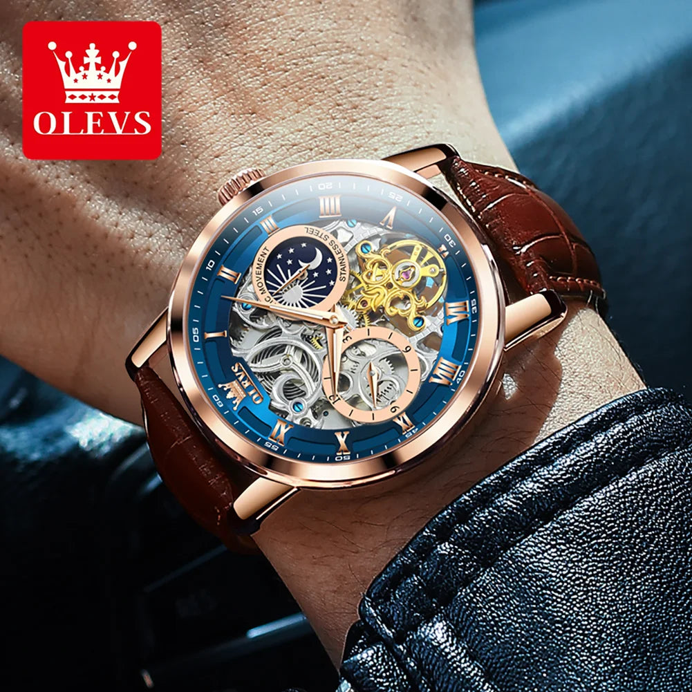 OLEVS 6670 Men's Automatic Mechanical Watch | Skeleton Leather Strap