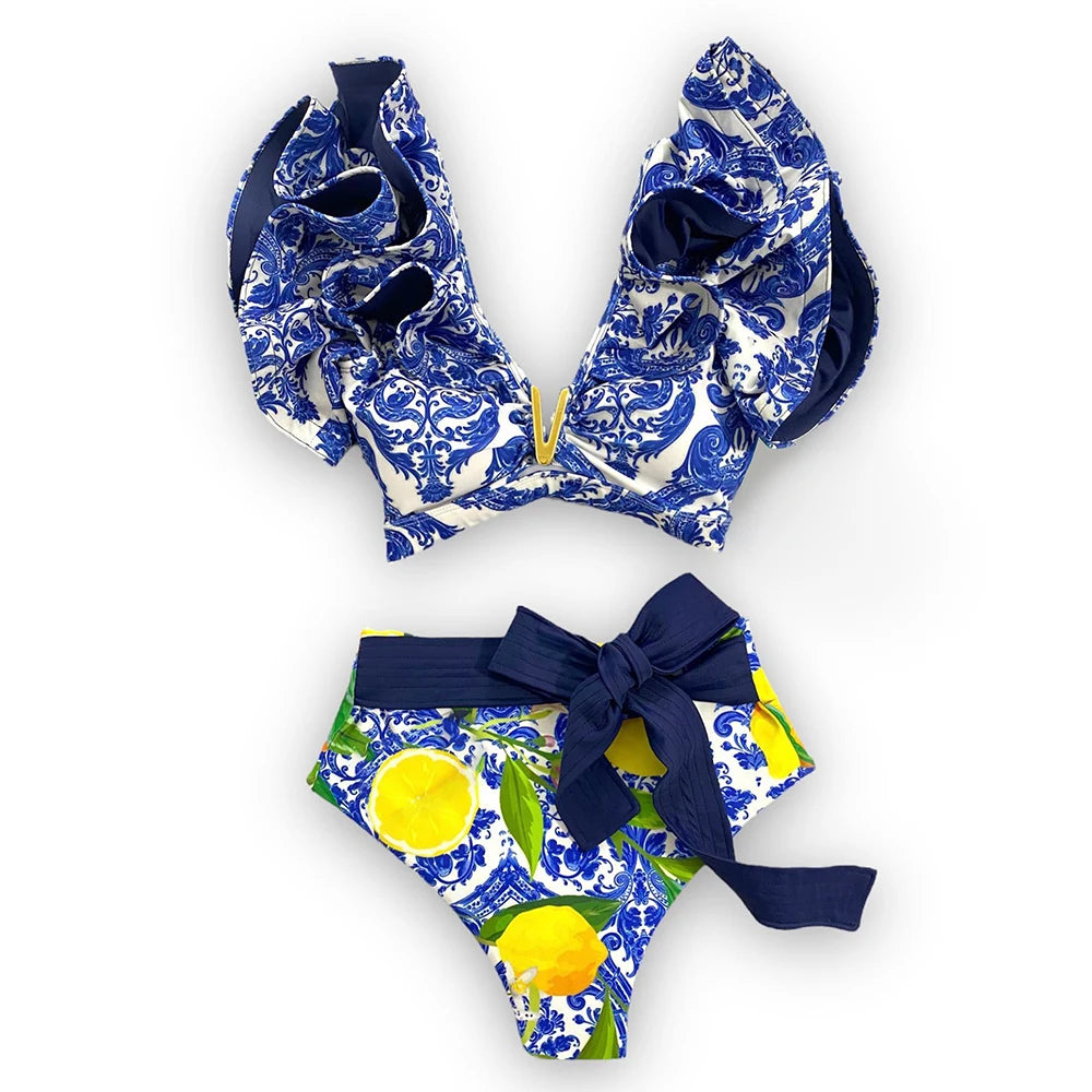 2025 New Sexy High Waist Bikini Sets Ruffle Swimwear Women Swimsuit Print Floral Dots V-neck Beach Wear Bathing Suits Biquini