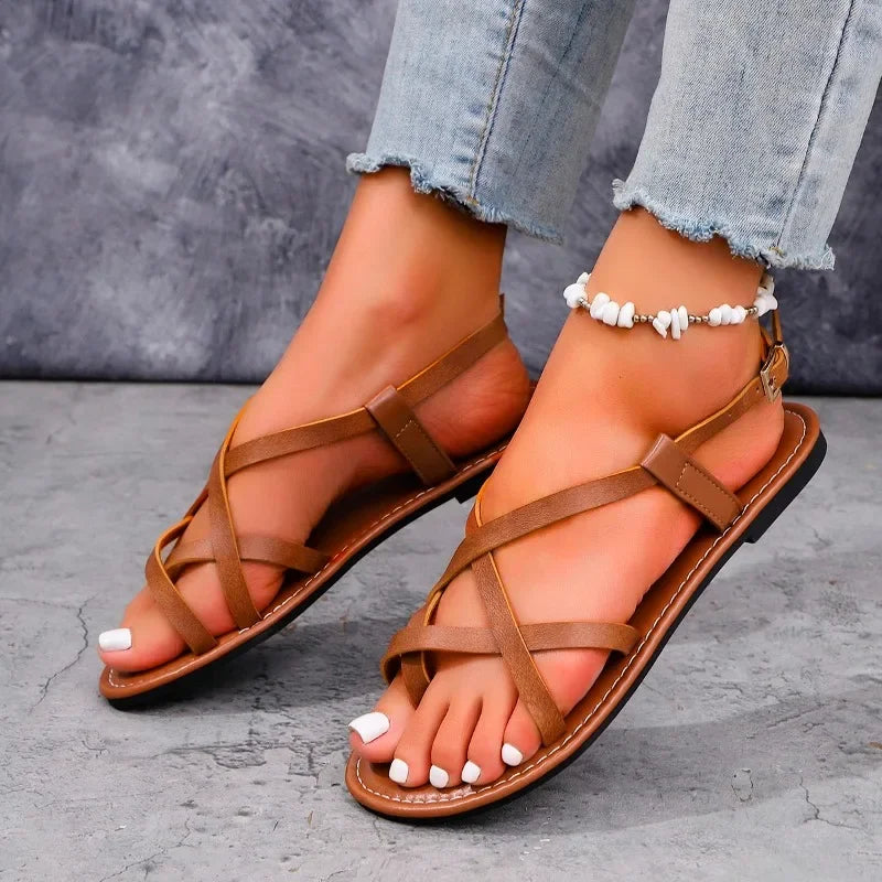 Women's Open Toe Flat Sandals – Metal Buckle Strap