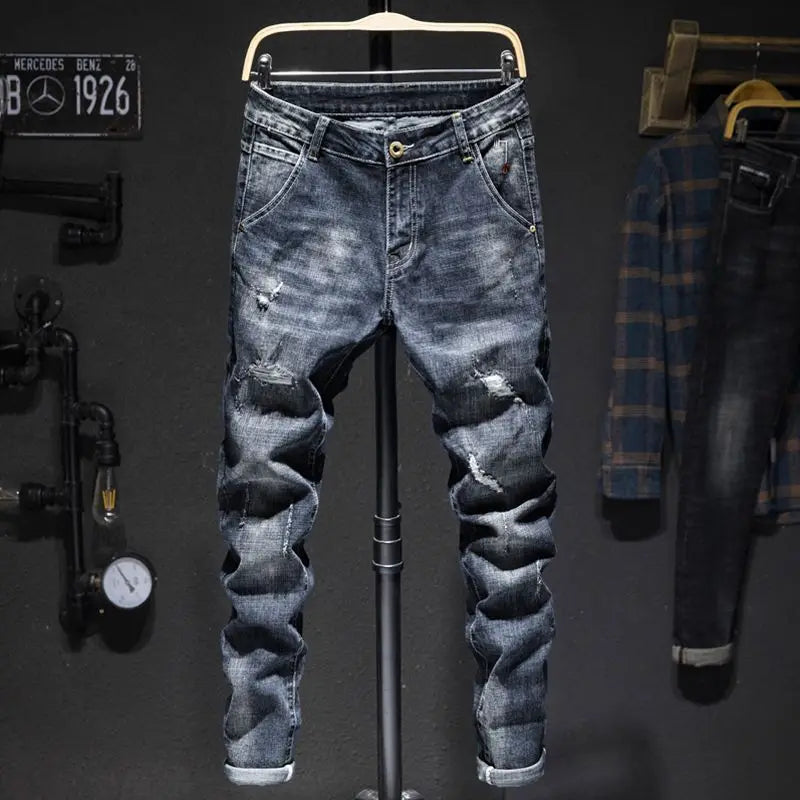 Men's Slim Fit Ripped Stretch Jeans – Distressed Denim
