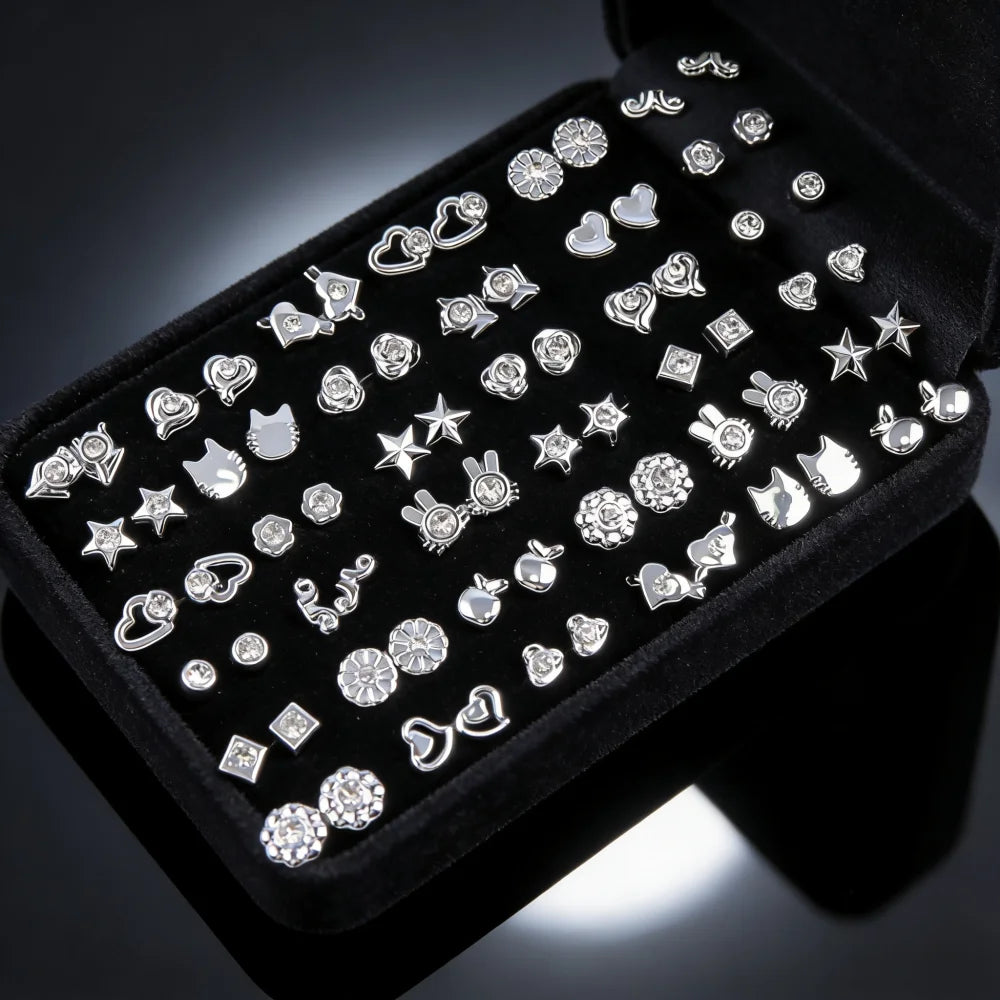 36-Pair Rhinestone Stud Earrings Set | Mixed Geometric Styles for Women