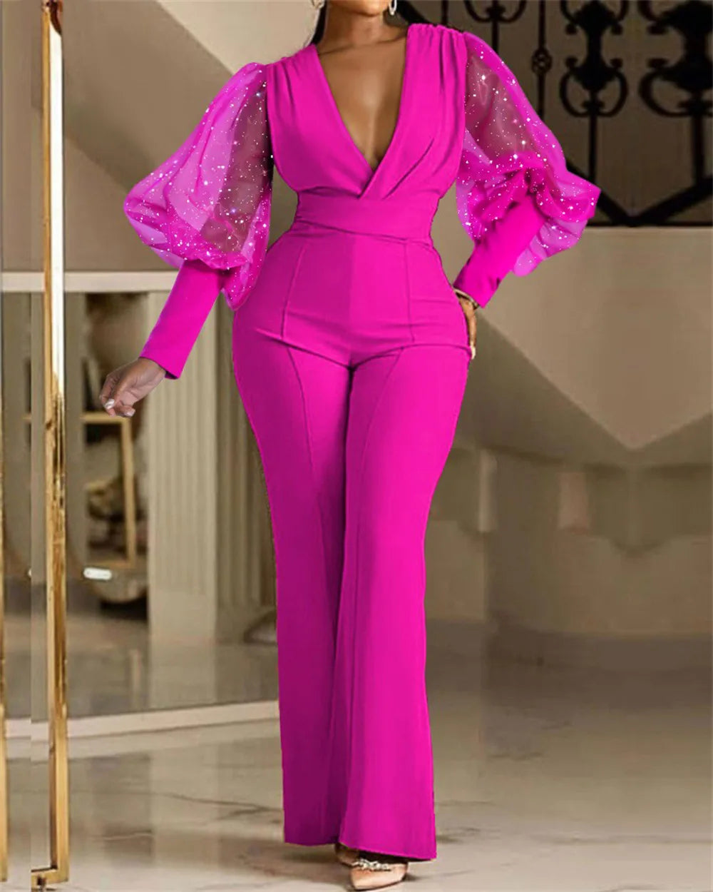 Ladies Elegant Office Jumpsuit Romper For Women 2023 High Waist Wedding Overalls Sequins Bodycon Long Sleeve Party Jumpsuit Club