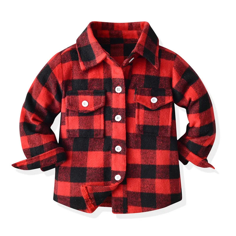 Kids' Korean Plaid Double-Breasted Cardigan Coat – Trendy Unisex Short Jacket for Boys & Girls