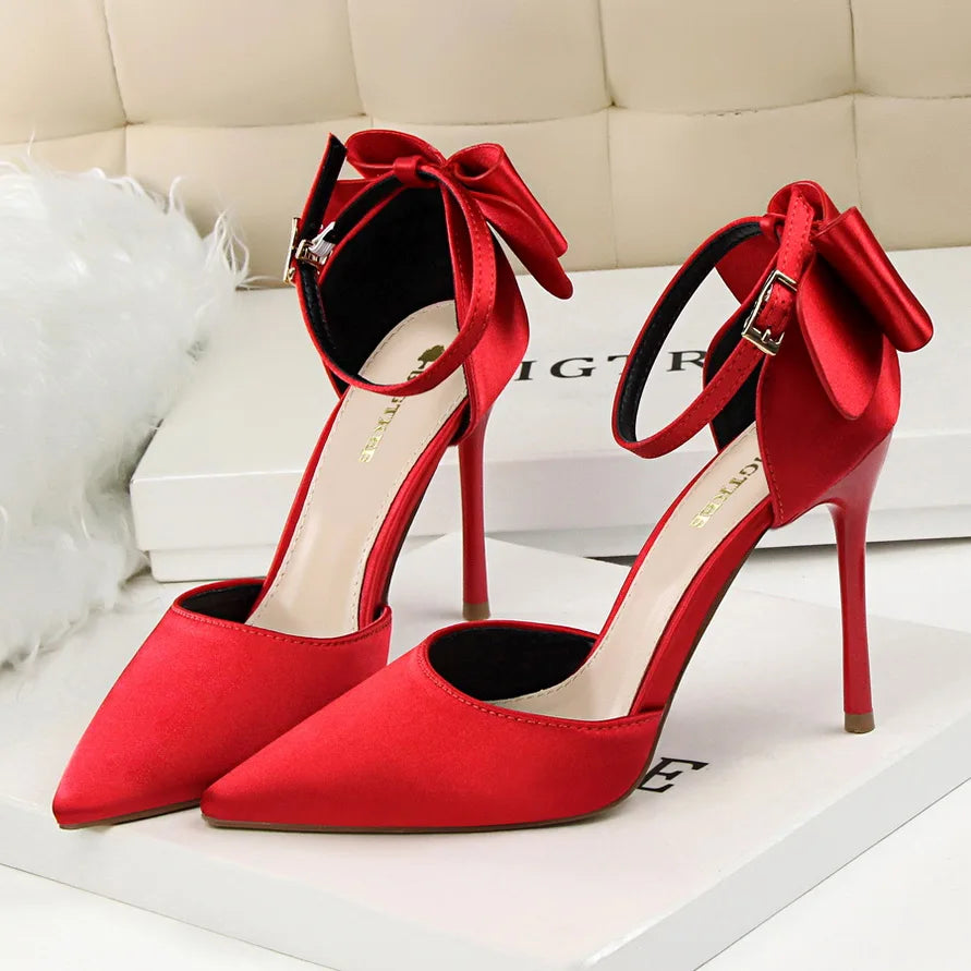 Women's High Heel Bow Sandals – Satin Ankle Strap Stiletto Heels 8cm & 10cm