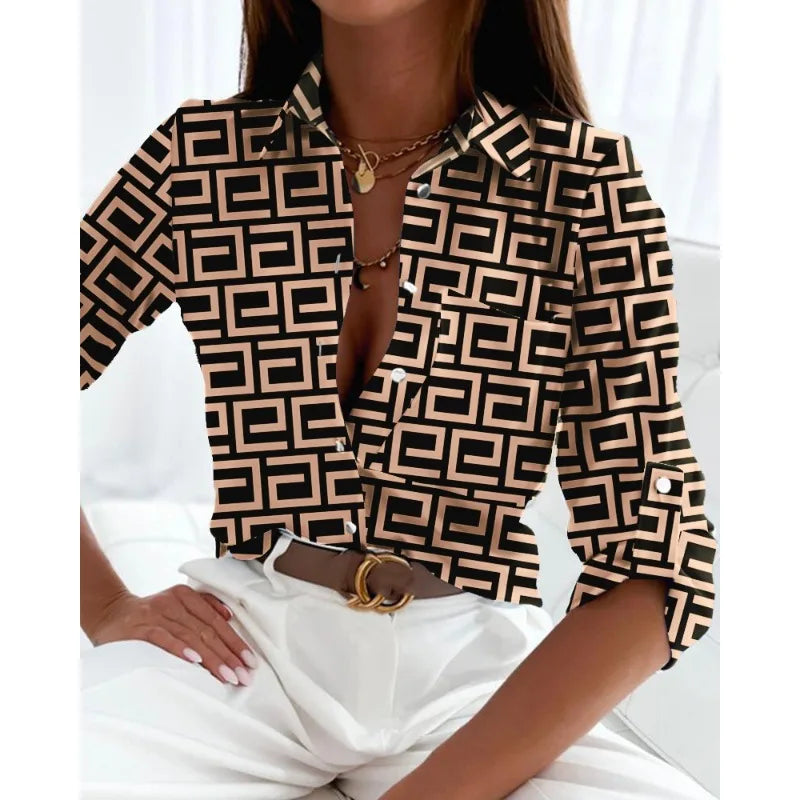 Women's Printed Button-Down Shirt – Elegant Office Casual Blouse