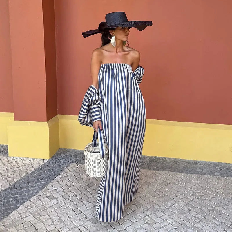Women's Striped Strapless Maxi Dress with Detachable Capelet Shawl
