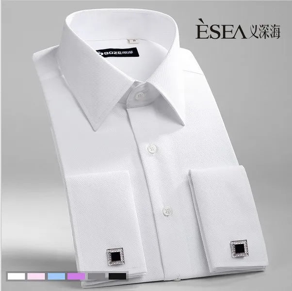 New M~6XL Cotton Men's French Cuffs Business Long Sleeve Shirt Stripes Comfortable Standard Elegant Formal Shirts Cufflink Top