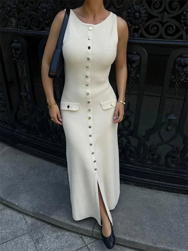Women's Sleeveless Knit Ribbed Maxi Dress — Slim Fit, Ankle-Length