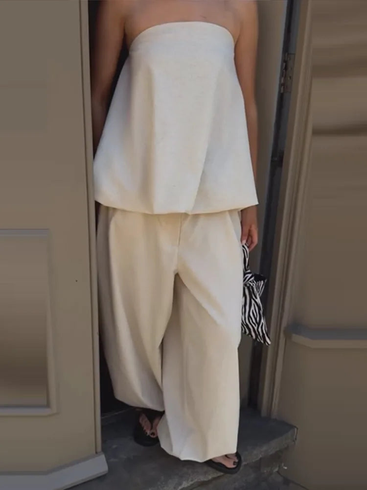 Women's Strapless Pleated Top & Loose Lantern Pants Set | Casual 2-Piece