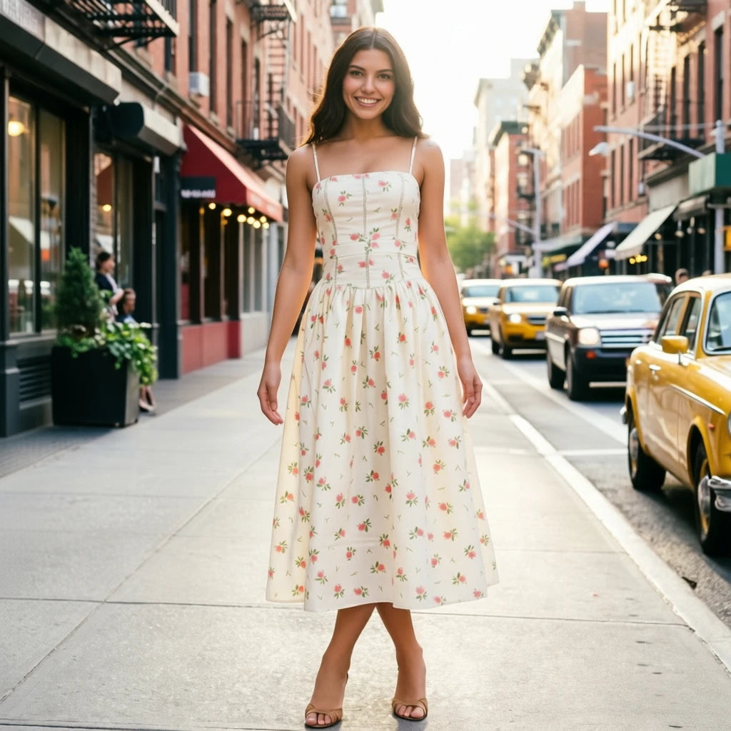 Women's Floral Print Maxi Dress – Spaghetti Strap Fit & Flare