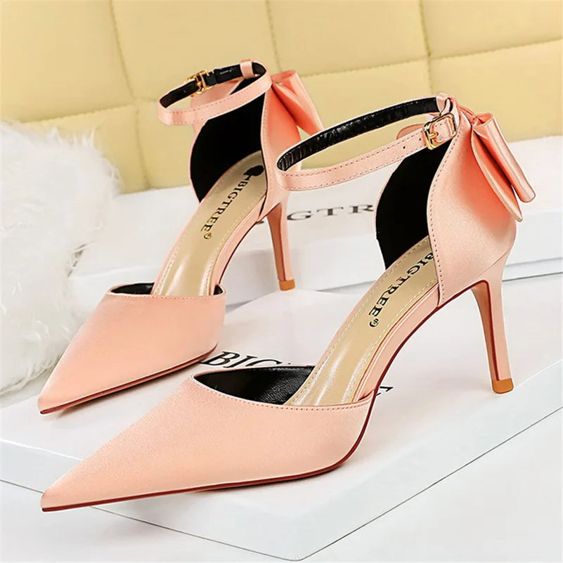 Women's High Heel Bow Sandals – Satin Ankle Strap Stiletto Heels 8cm & 10cm