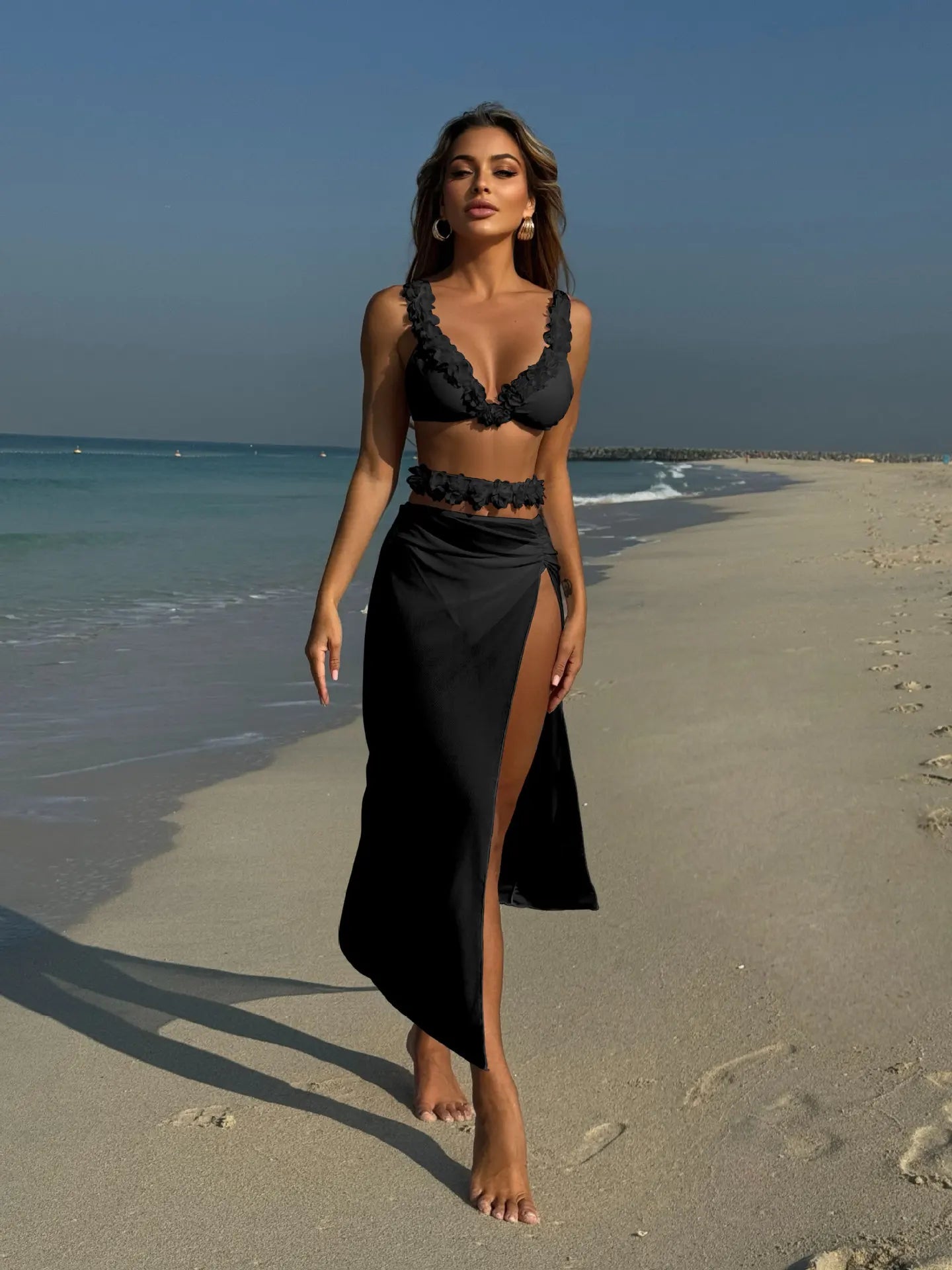 Floral Edge 3pcs Bikini Set with Mesh Skirt 3D Flowers V Neck Women Swimwear Female Swimsuit Padded Bather Bathing Suit Biquini