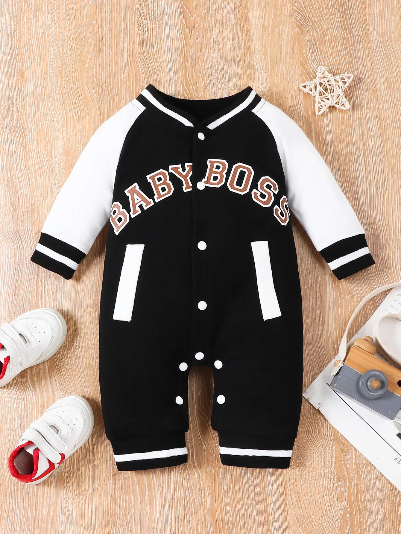 Baby Boy Long-Sleeve Romper — Letter Print Cotton Jumpsuit