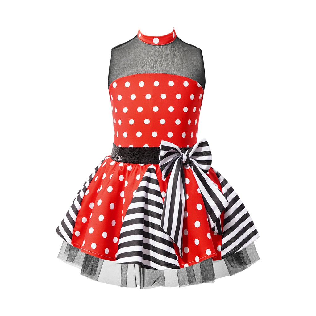 Girls Jazz Latin Ballet Dance Dress Polka Dots Print Mesh Sequin Bowknot Tutu Dress Birthdays Party Wedding Flower Girl Dresses