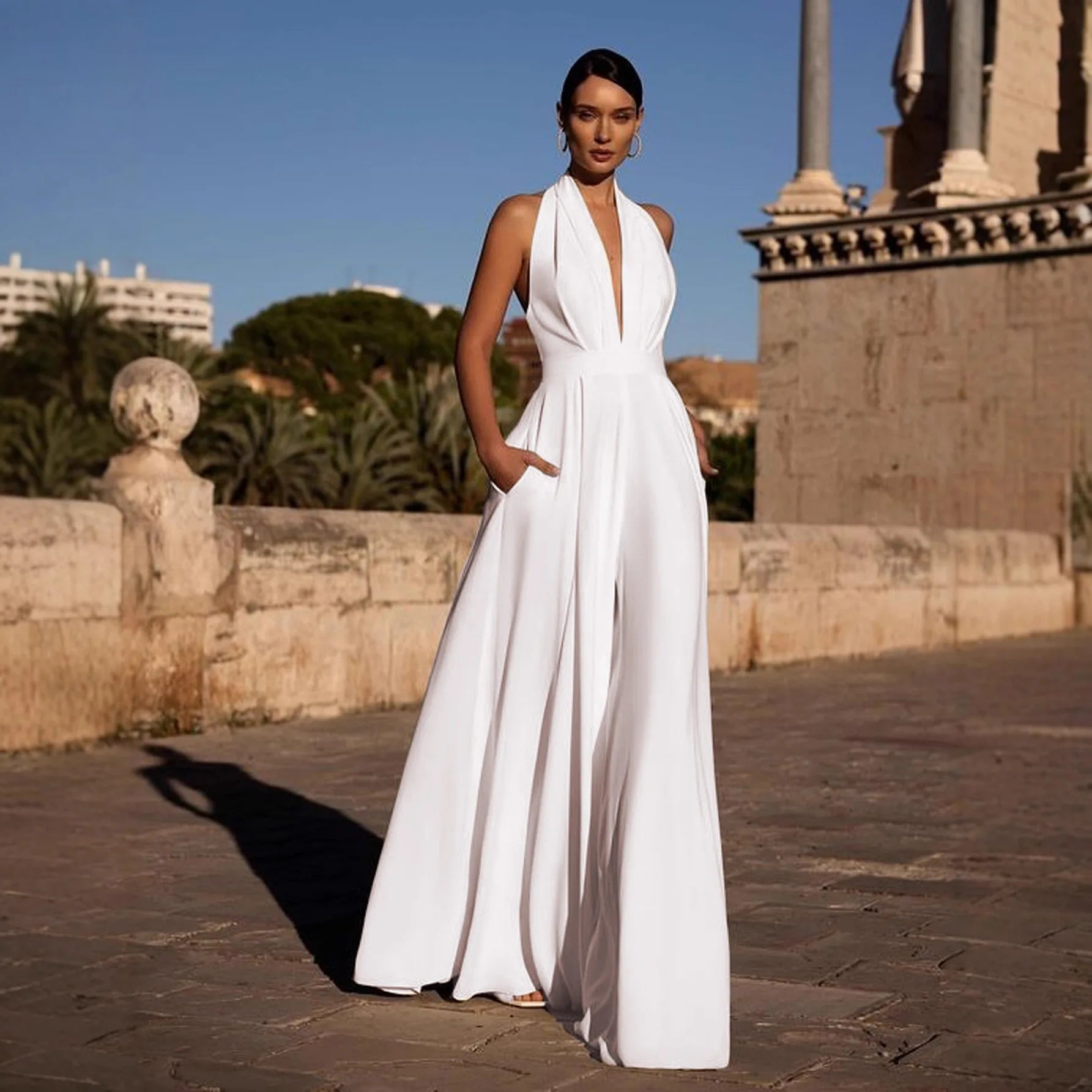 Temperament Elegant Halter Neck Jumpsuits Women Sexy Deep V-neck Backless High Waist Wide Leg Jumpsuit Solid Color Female New