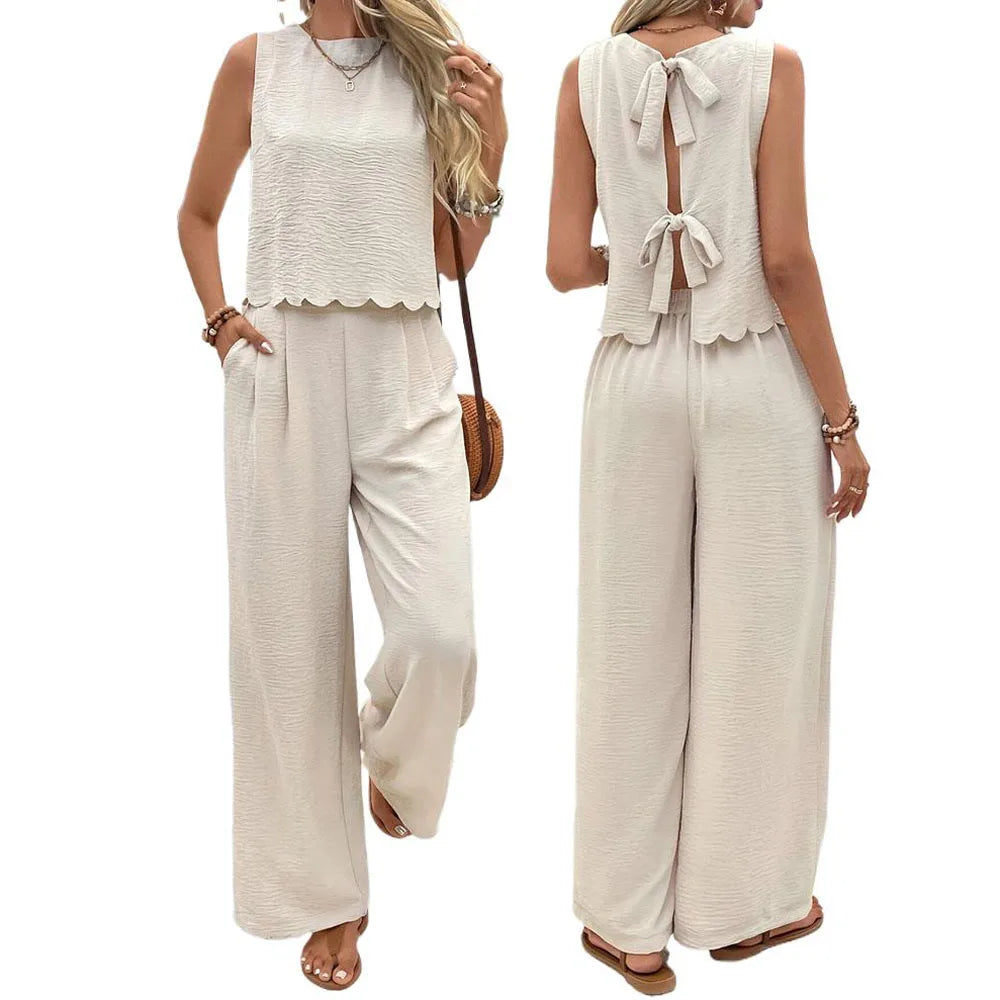 Women's 2-Piece Sleeveless Bow Knot Top & Elastic Wide Leg Pants Set – Casual Summer Outfit