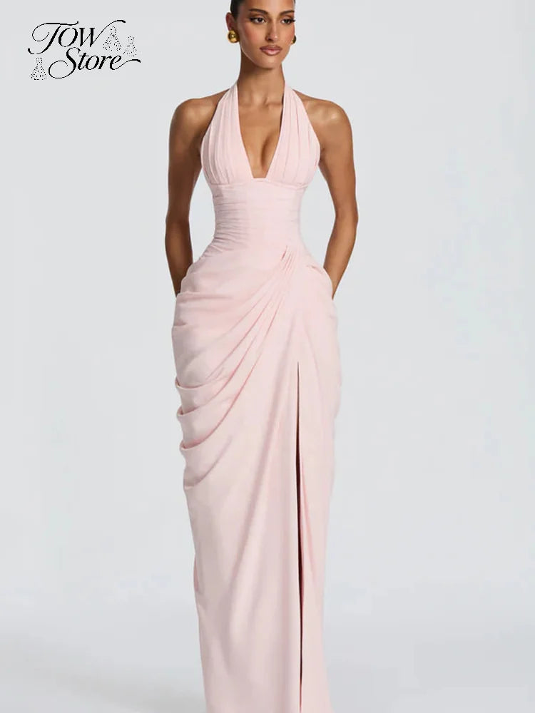 Women's Pleated Halter Backless Maxi Dress – Elegant Party Gown