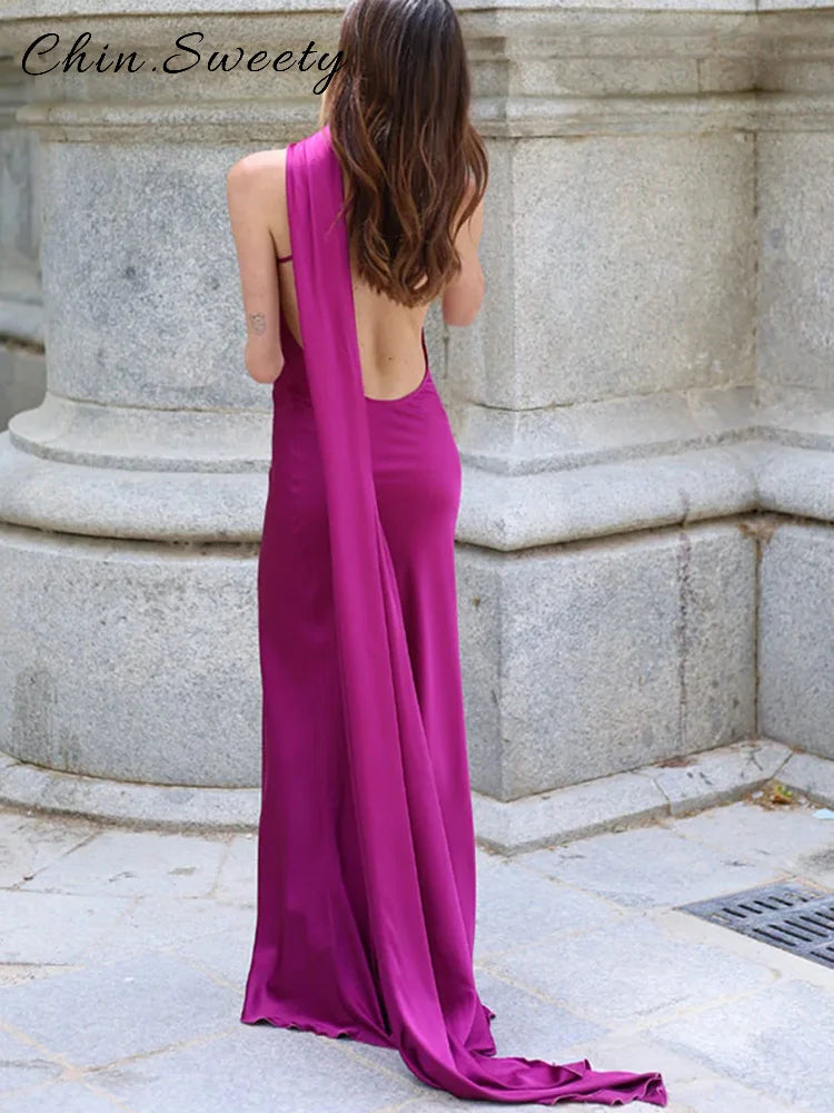 Women's Satin Halter Maxi Dress — Backless Slim Evening Gown