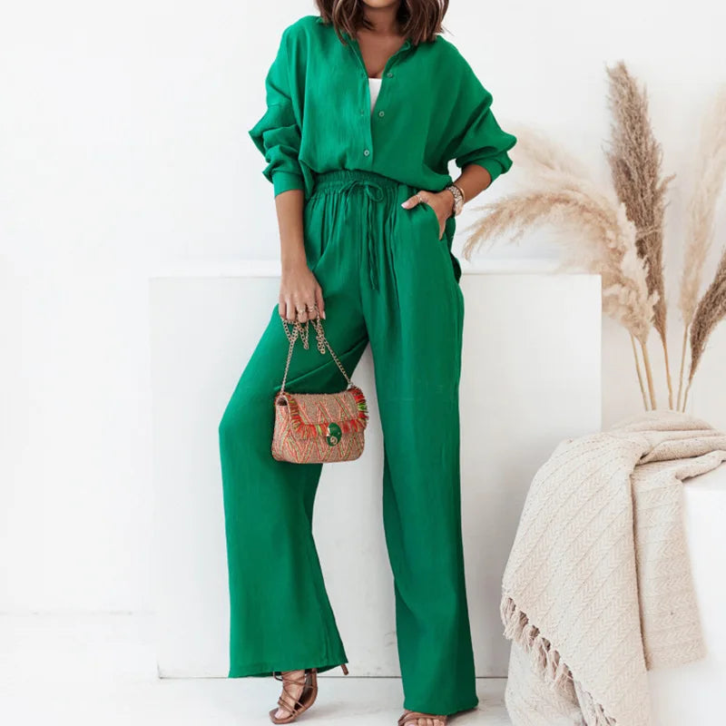 Women's Lapel Shirt & High Waist Wide-Leg Trousers – Elegant 2-Piece Suit Set