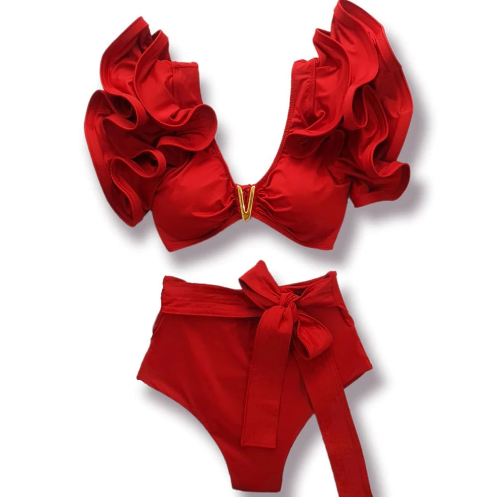 2025 New Sexy High Waist Bikini Sets Ruffle Swimwear Women Swimsuit Print Floral Dots V-neck Beach Wear Bathing Suits Biquini