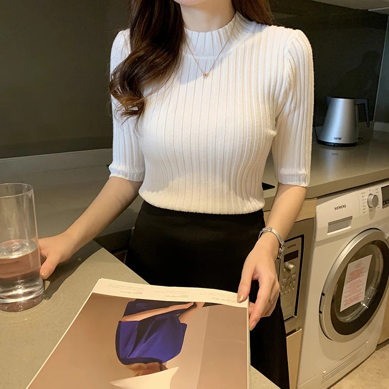 Women's Short Sleeve Knit Pullover Top | Half-High Collar | 9 Colors | One Size