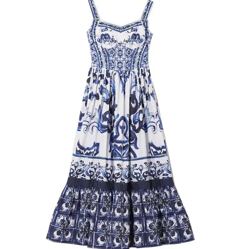 Women's Printed Maxi Dress – V-Neck Spaghetti Strap Beach Vacation Dress