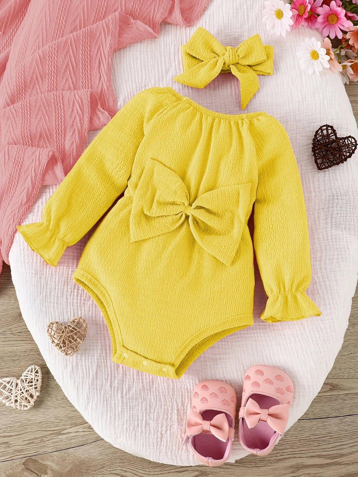 Baby Girl Long-Sleeve Onesie & Kerchief Set — Bow 2-Piece
