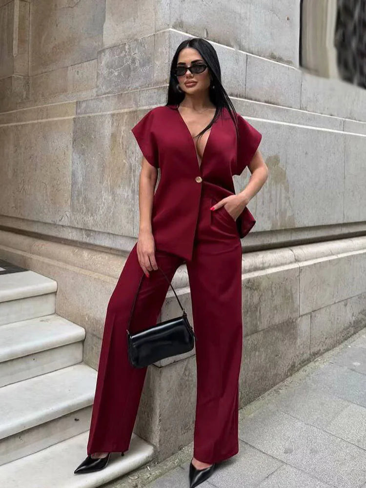 Women's V-Neck Buckle Vest & High Waist Wide-Leg Pants – Chic 2-Piece Office Set