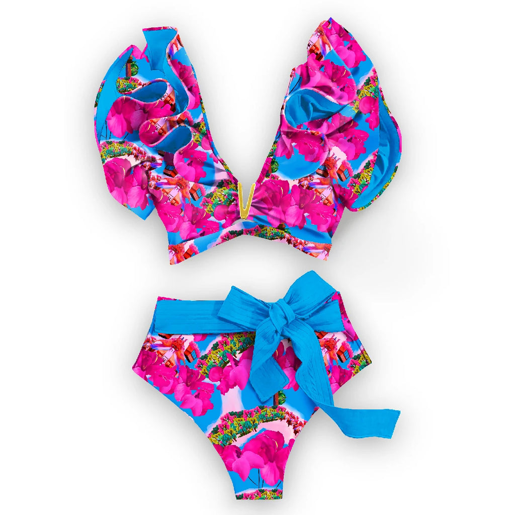 2025 New Sexy High Waist Bikini Sets Ruffle Swimwear Women Swimsuit Print Floral Dots V-neck Beach Wear Bathing Suits Biquini
