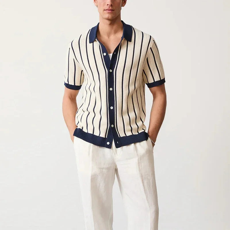 Men's Luxury Knit Striped Shirt — Vintage Slim Fit Button-Up Short Sleeve | M–3XL