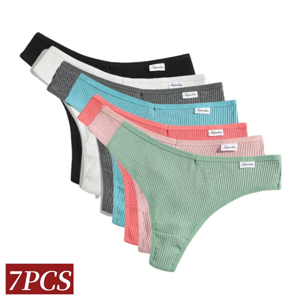 7Pcs/Set Women Cotton Panties Solid Color Thongs Female Low Rise T-back Underwear Sexy Lingerie Intimates S-XL G-String