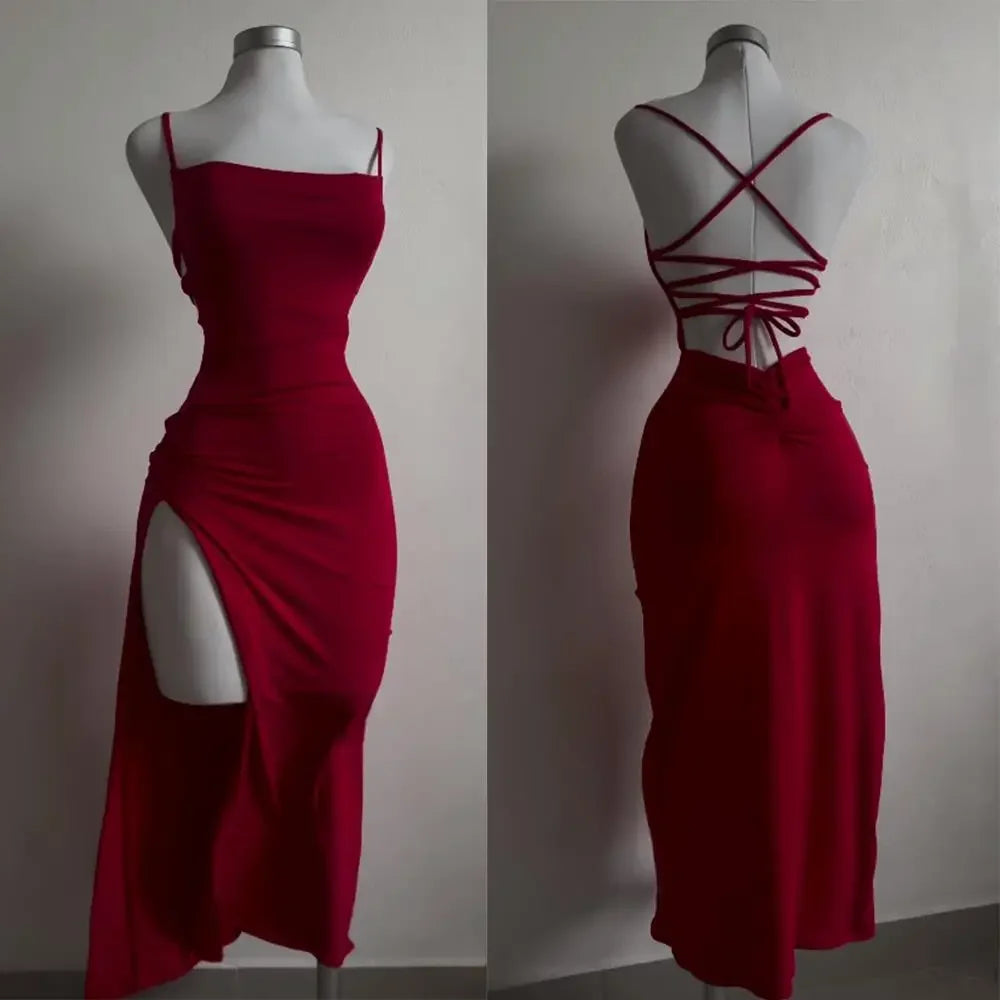 Women's Spaghetti Strap Bodycon Maxi Dress – Slim Fit Slash Neck Streetwear