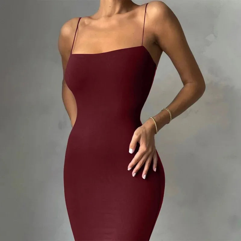 Women's Backless Spaghetti Strap Bodycon Maxi Dress – Sleeveless Sexy Club Party Dress