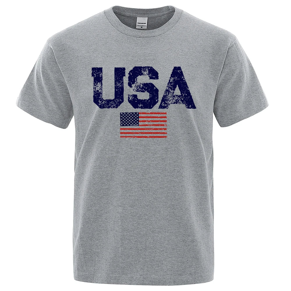 Men's Vintage USA Flag Street Print T-Shirt — Casual Cotton Tee