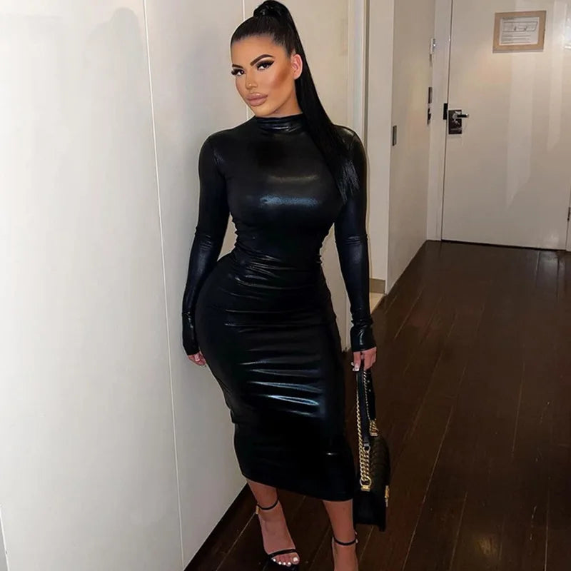Women's Solid Color Round Neck High Waist A-Line Midi Dress – Casual Everyday Style