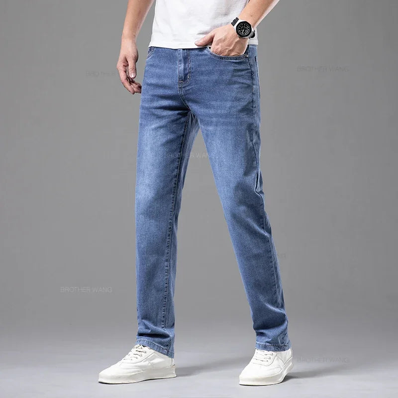 Men's Straight Fit Elastic Cotton Jeans – Lightweight Summer Denim