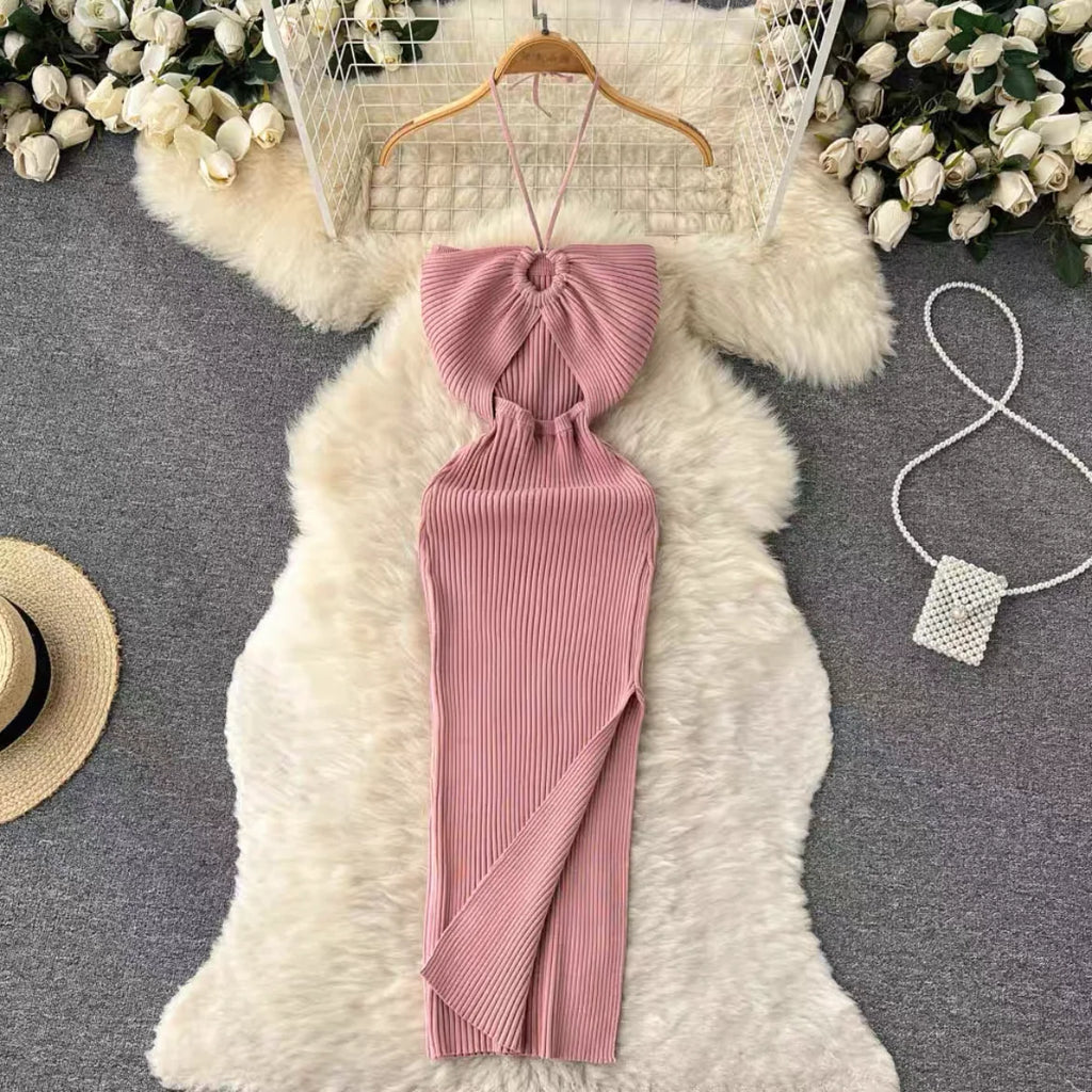 Women's Knit Bodycon Midi Dress — Sexy Slash Neck Split Streetwear