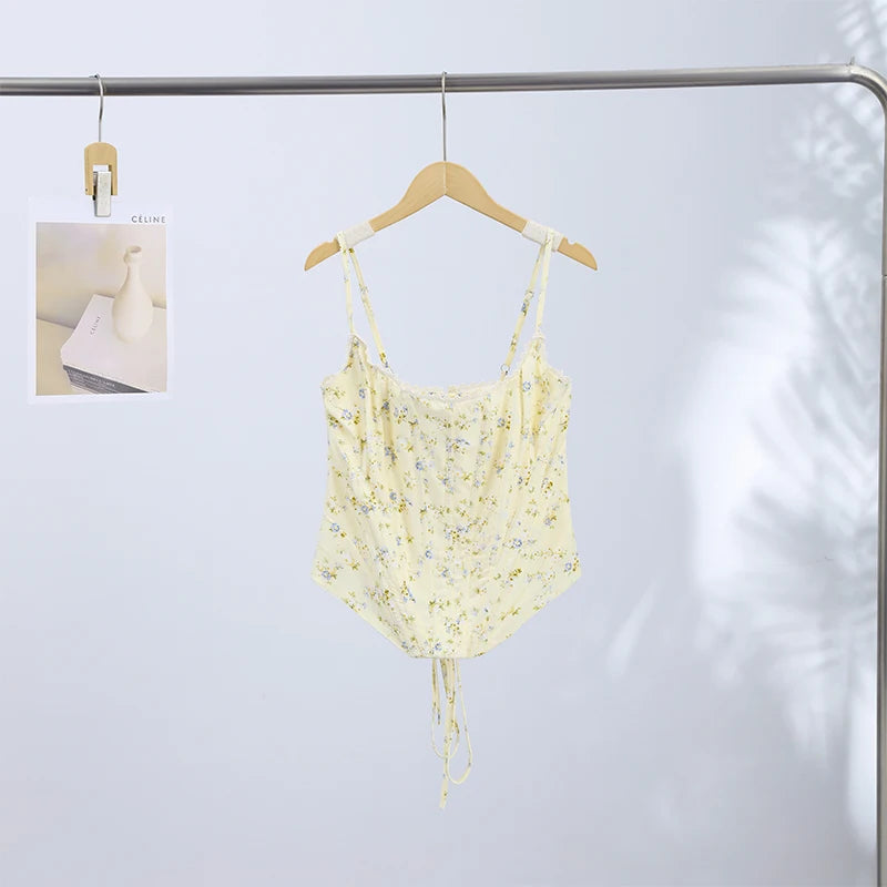 Women's Floral Fishbone Tank Top | Slim Sleeveless Back Lace-Up Blouse