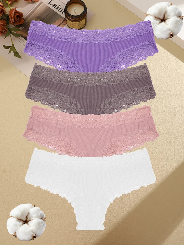 4PCS Seamless Cotton Fabric Panties For Women Sexy Lace Solid Color Brazilian Pants Female Soft Comfortable Bikini Underpants
