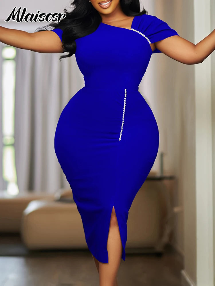 Mlaiscsr Elegant Short Sleeve Beading Bodycon African Midi Dress for Women Fashion Office Work Club Party Birthday Vestidos 2025