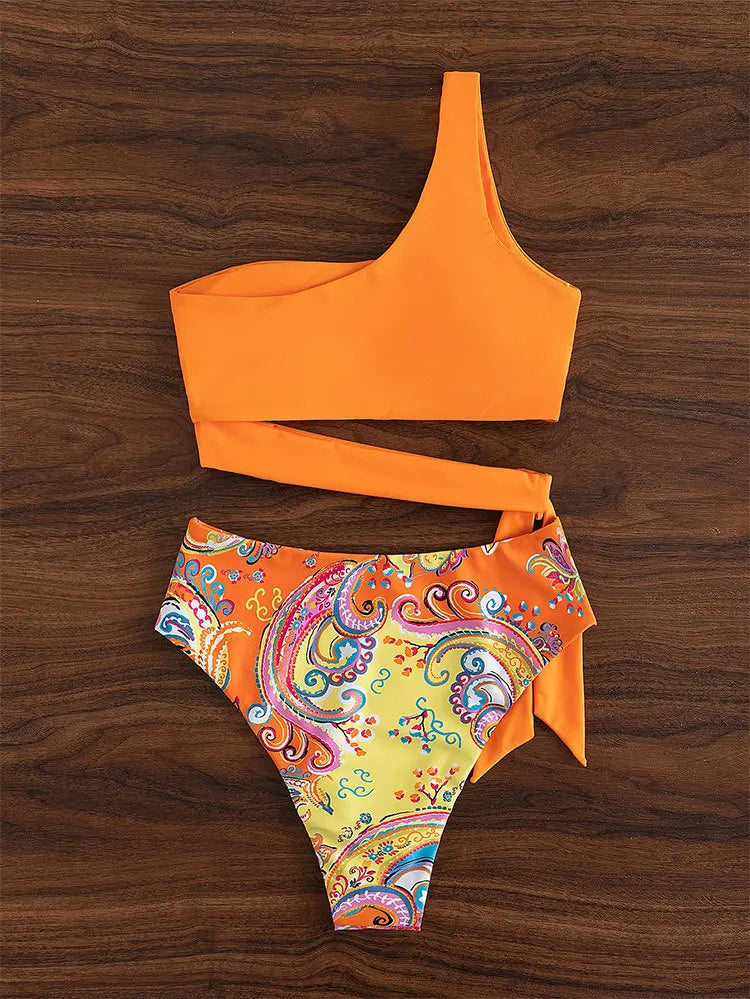 2025 New Push Up Single Shoulder Stripe Women Bikini Set High Cut Printed Bottom Padded Swimwear Summer Beachwear Bathing Suit