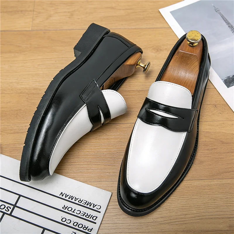 Fashion New Pointed Two-tone Mixed Patchwork Slip on For Men Wedding Homecoming Dress Shoes Flats Casual Loafer  Zapatos Hombre