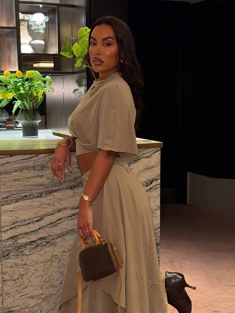 Women's Elegant Batwing Sleeve Top & Asymmetric Maxi Skirt Set – 2-Piece Chic Outfit