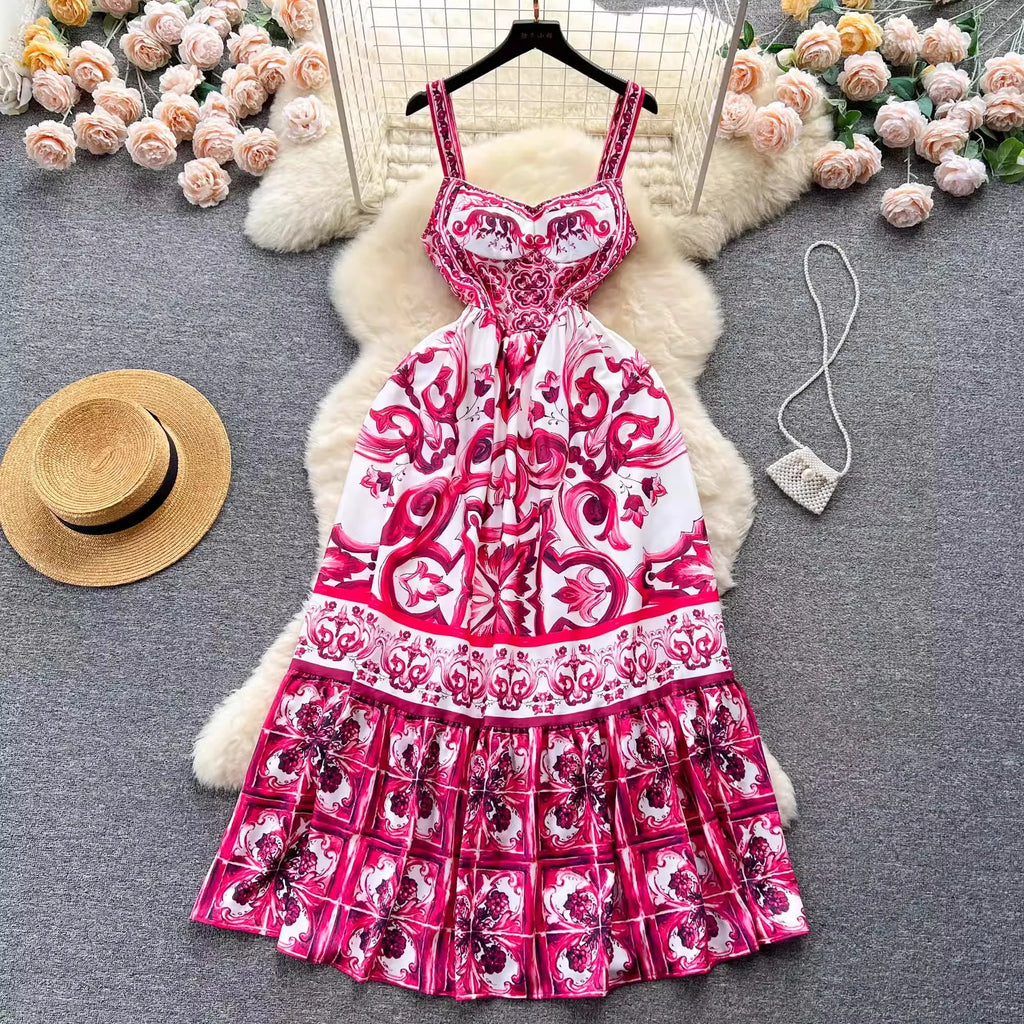 Women's Printed Maxi Dress – V-Neck Spaghetti Strap Beach Vacation Dress