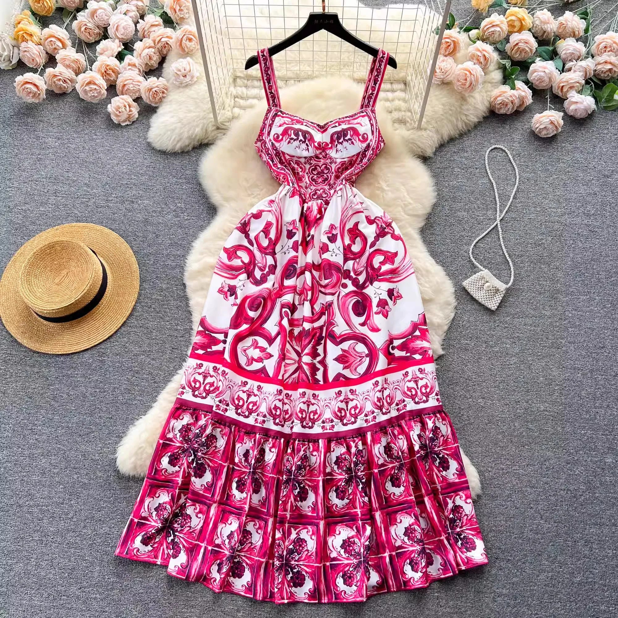 Women's Printed Maxi Dress – V-Neck Spaghetti Strap Beach Vacation Dress