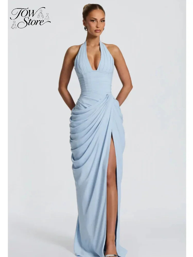 Women's Pleated Halter Backless Maxi Dress – Elegant Party Gown