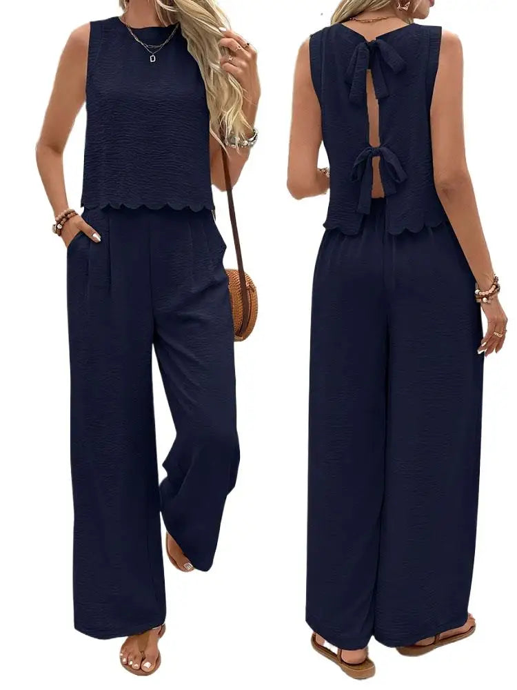 Women's 2-Piece Sleeveless Bow Knot Top & Elastic Wide Leg Pants Set – Casual Summer Outfit