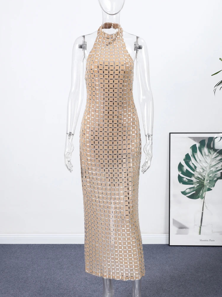 Halter Sequined Midi Dress Women Sexy Turtleneck Sleeveless Backless Waist Cinching Party Evening Dresses Chic Office Lady Robes