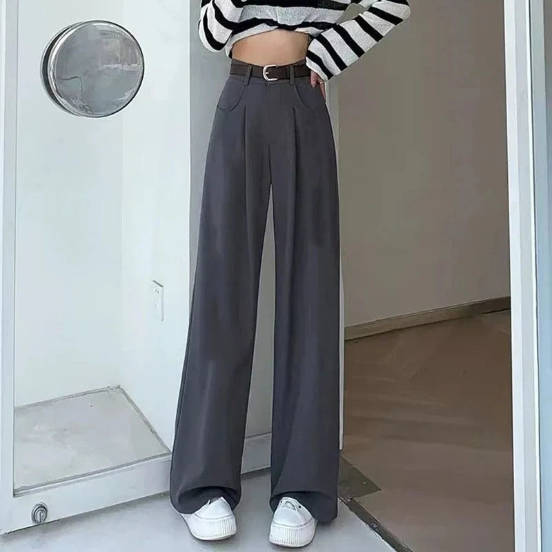 Women's High Waist Belt Wide-Leg Trousers – Solid Color Baggy Office Pants