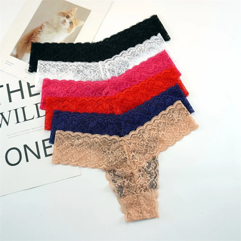 Women's Lace Thong Panties – 3-Pack Low-Rise Transparent Sexy Lingerie Set